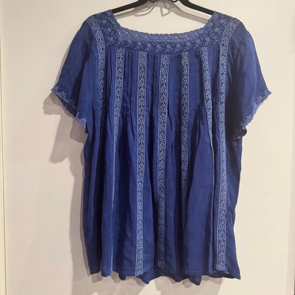 Johnny Was Brigita Blouse Blue Square Neck Eyelet Embroidered Short Sleeve Sz L - Picture 8 of 11